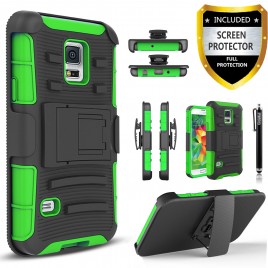 Samsung Galaxy S5 Case, Dual Layers [Combo Holster] Case And Built-In Kickstand Bundled with [Premium Screen Protector] Hybird Shockproof And Circlemalls Stylus Pen (Green)